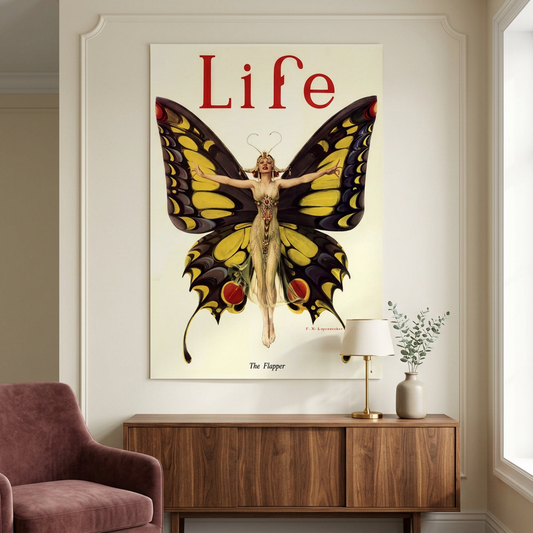 Life The Flapper poster in a vintage-inspired living room