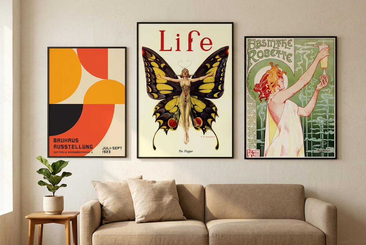 Lifestyle and Decor poster gallery in a warm contemporary living room