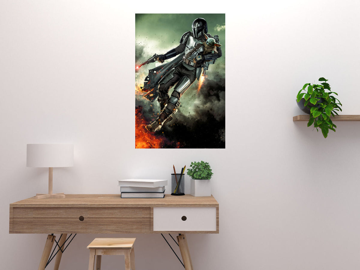 The Mandalorian poster featuring Din Djarin in dramatic pose with galactic backdrop