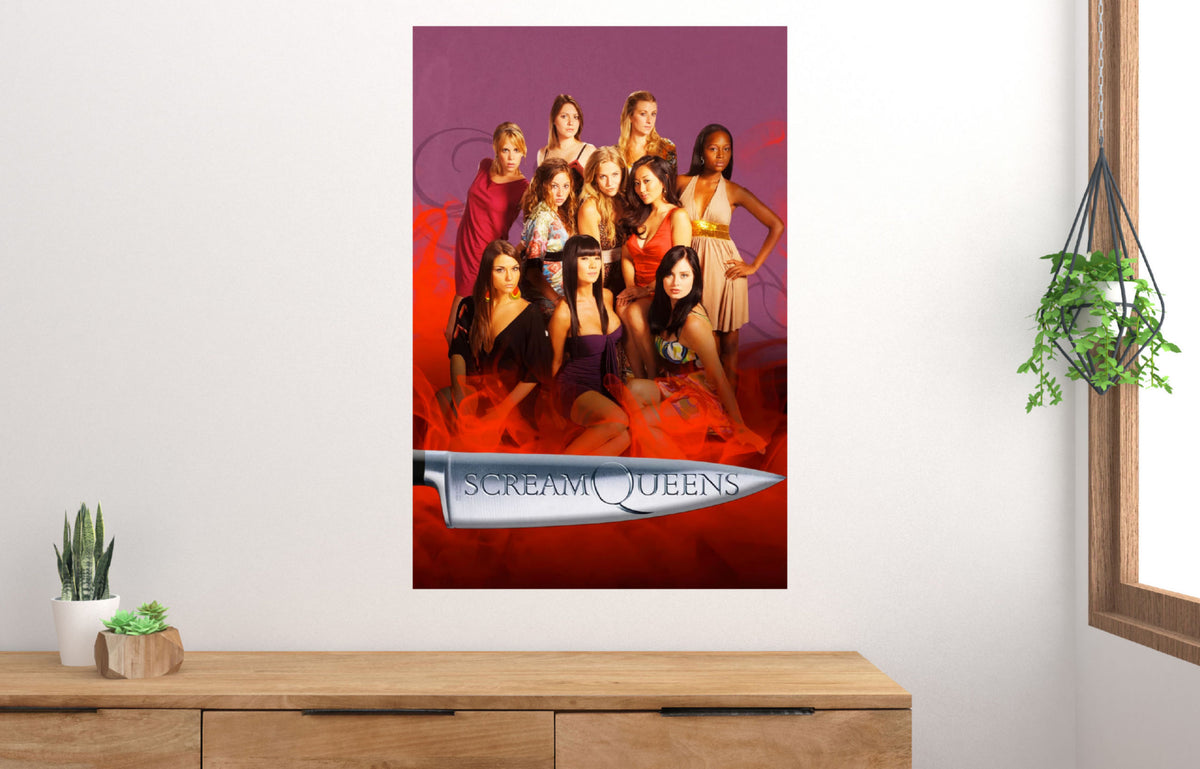 Scream Queens horror poster with candy tones