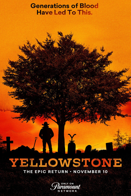 Promotional poster for sale for 'Yellowstone' with a silhouette of a family and tree against an orange background.