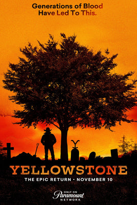 Promotional poster for sale for 'Yellowstone' with a silhouette of a family and tree against an orange background.