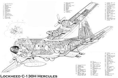 C130 H Cutaway Line Art Metal Print 8in x 12in