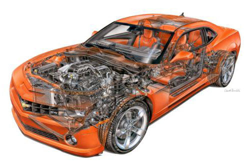 an orange sports car with the hood open