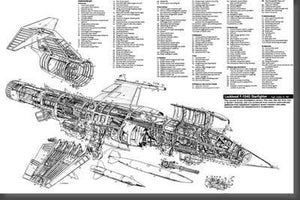 F104 Military Aircraft Cutaway Poster Black and White Mini Poster 11"x17"