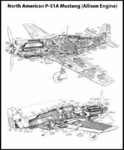 Mustang P51 Cutaway Poster Black and White Mini Poster 11"x17"