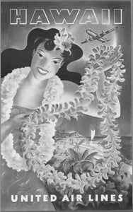 United Airlines Hawaii Poster Black and White Mini Poster 11"x17"